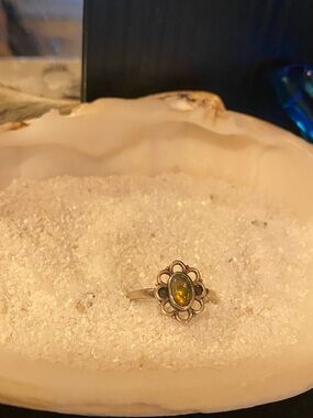 Sterling Silver Floral Black Opal Ring - Yellow-Green Opal 5